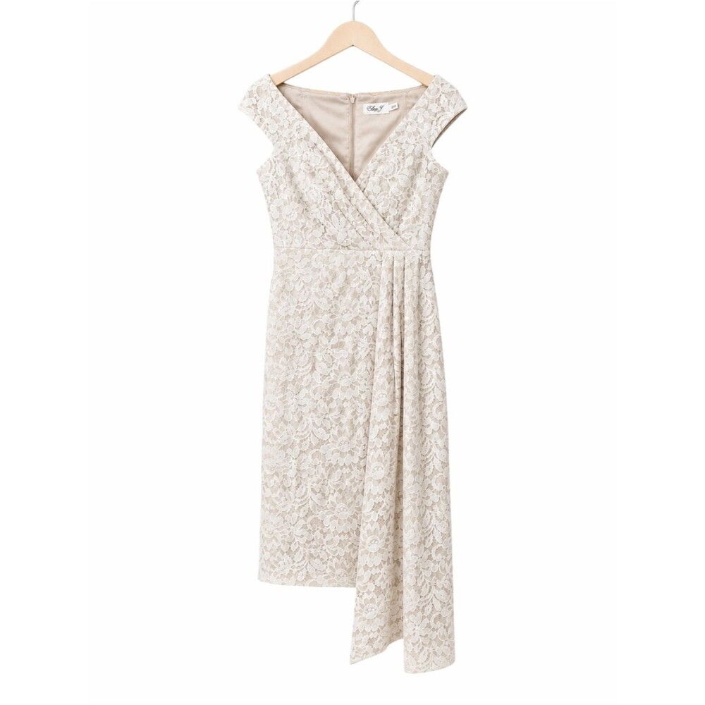 Eliza J Off Shoulder Lace Midi Dress V Neck Draped Overlay Formal Ivory 8 NEW